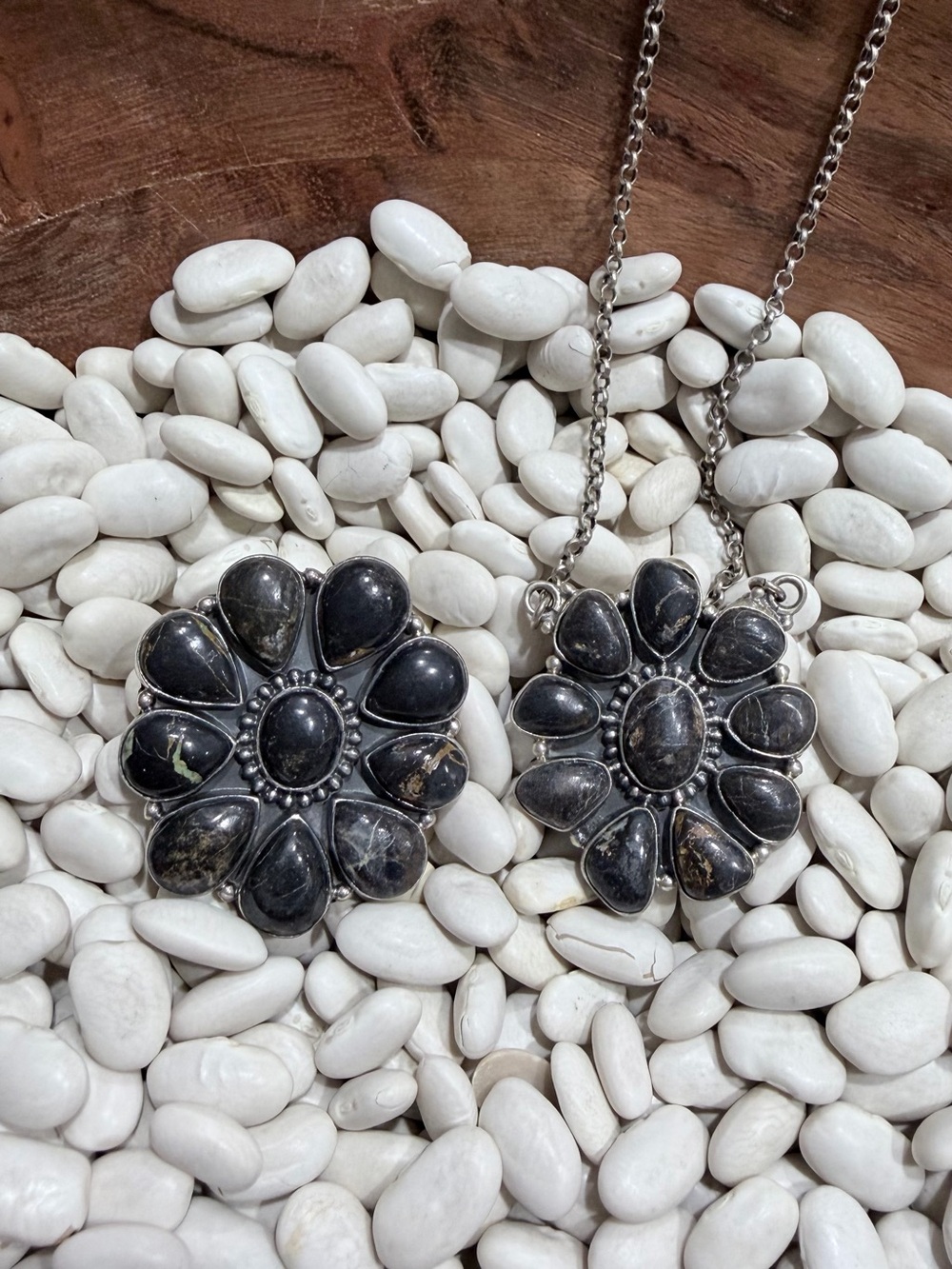 Silver Blackjack Stone Flower Pendant Necklace and Cluster Ring